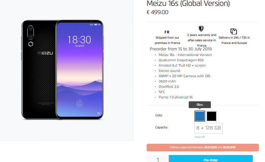 Meizu 16s with official import in France