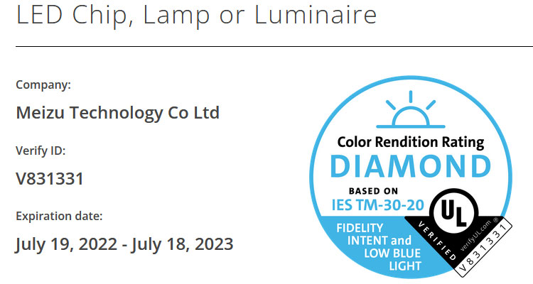 Meizu Lipro UL-Solutions Color Rendition Rating DIAMOND